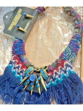 Makarion Navy Gold Boho Statement Choker Fringe Earrings Set Beaded Adults NWT